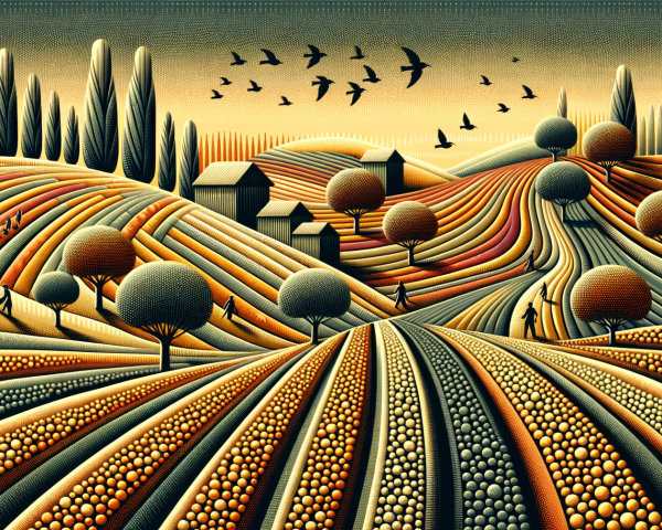 Stylized Landscape with Vibrant Crops and Hills