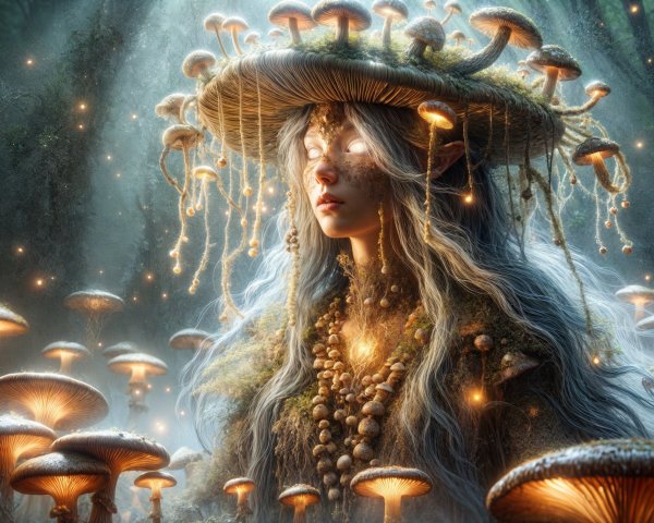 Elven Figure in a Mystical Forest with Mushrooms