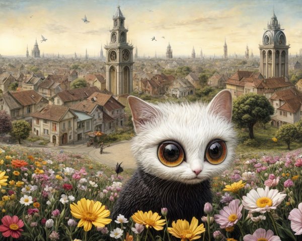 Oversized Cat in Enchanted Flower Field Scene