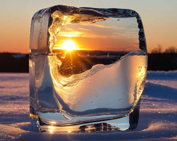 Ice Cube in Snow Reflecting Sunset Glow and Patterns