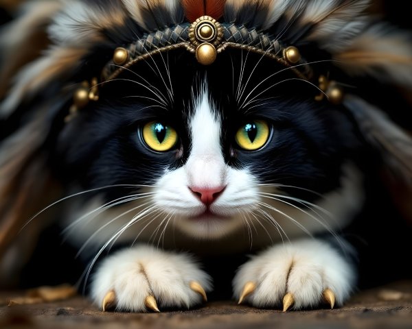 Black and white cat with feathered headpiece and yellow eyes