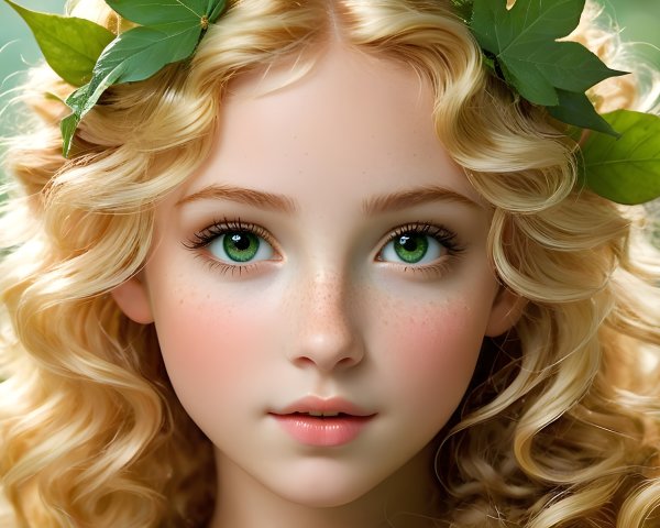 Young girl with green eyes in a serene forest setting