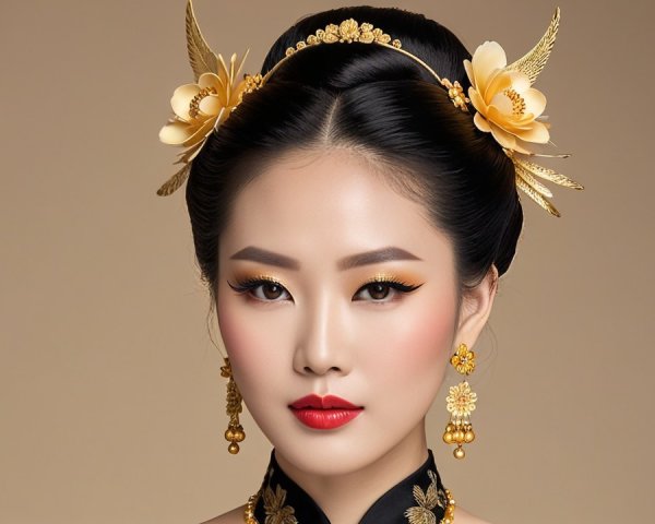 Traditional Attire with Floral Accessories and Jewelry