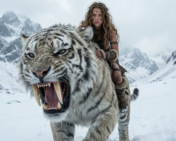 Woman Riding White Sabertooth Tiger in Snowy Landscape