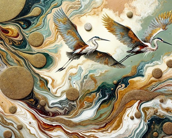 Herons in Flight with Abstract Colorful Background