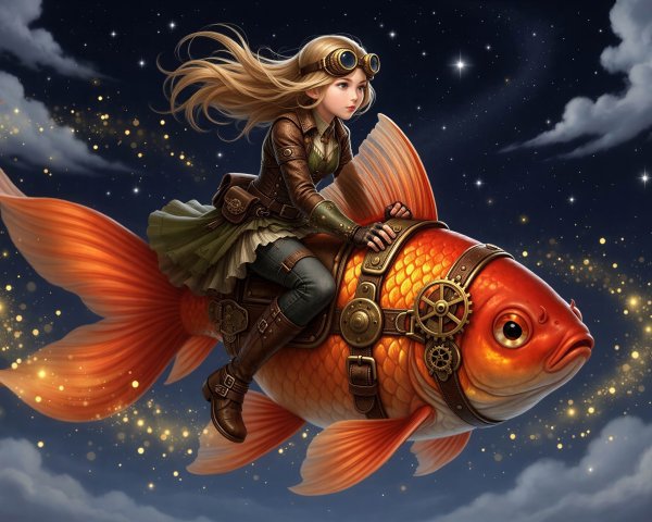 Young girl riding a goldfish in a steampunk night sky