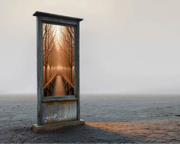 Surreal Landscape with Doorway and Tranquil Water