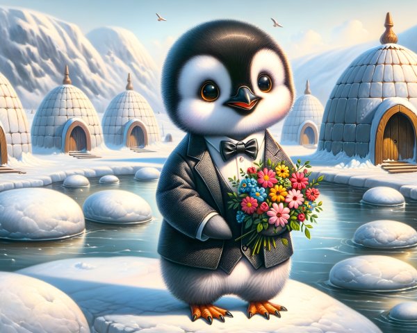 Charming Penguin with Flowers on Snowy Ice Floe