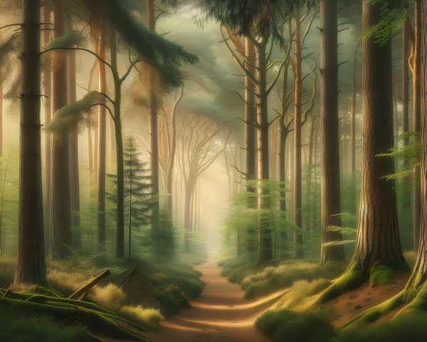 Serene Forest Path Surrounded by Towering Trees