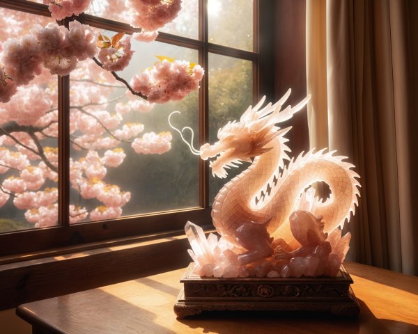 Translucent Dragon Sculpture with Cherry Blossom Background