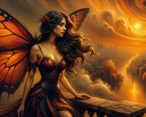 Mystical figure with butterfly wings at sunset balcony