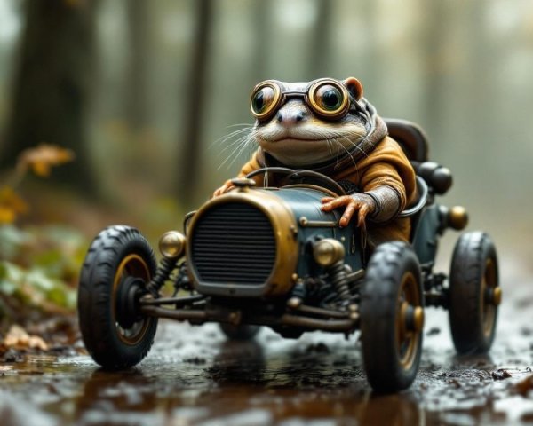 Cartoon Frog Driving Vintage Car in Foggy Forest