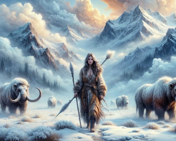 Fierce Warrior in Snowy Landscape with Mammoths