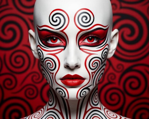 Female figure with tribal body paint and glowing eyes