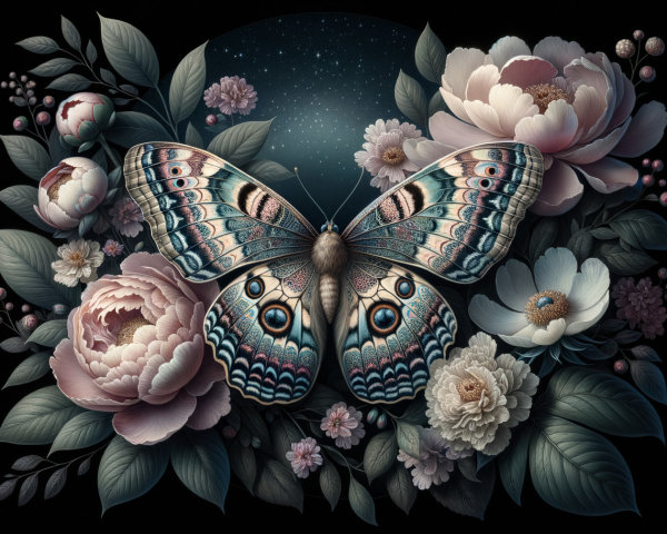 Detailed Butterfly Among Floral Arrangement on Dark Background