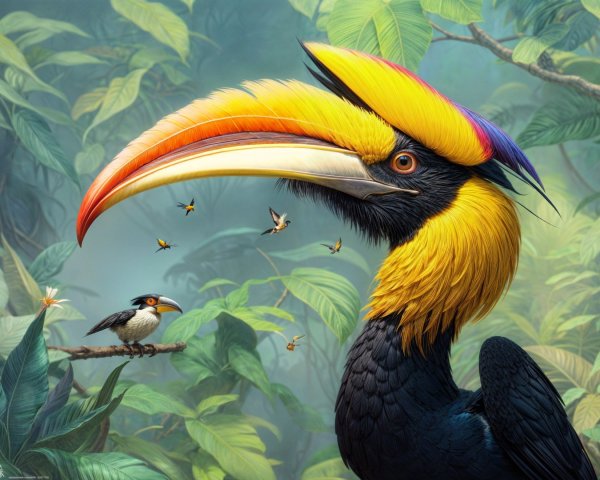 Colorful Hornbill in Lush Green Foliage Scene