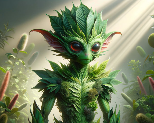 Humanoid Creature with Vibrant Leaves in Lush Environment