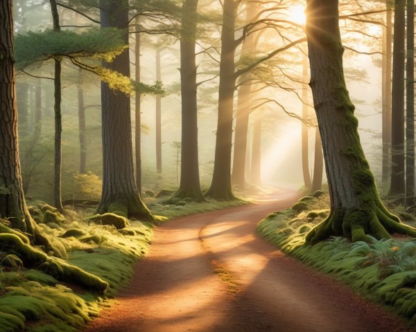 Tranquil Forest Scene with Winding Path and Sunlight