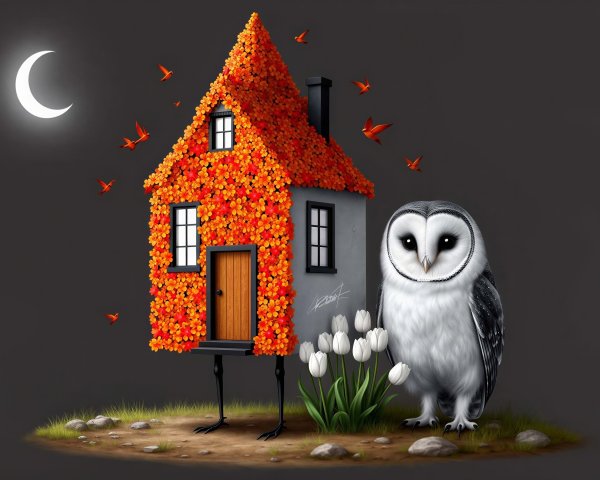 Miniature House on Bird Legs in Nighttime Scene