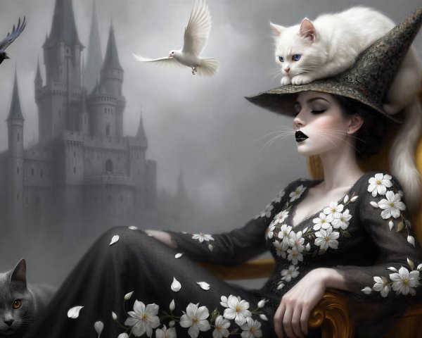 Digital painting of a woman in witch attire with cats