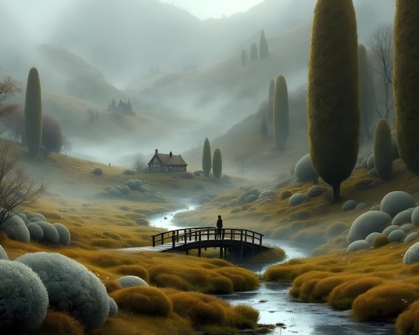 Serene Misty Landscape with Hills and Cottage