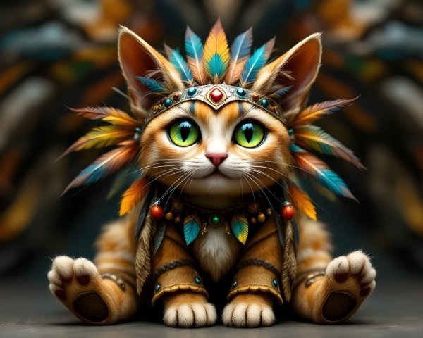 Orange Tabby Cat with Feather Headdress and Jewelry