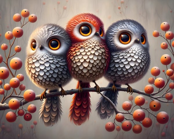 Cartoon Birds on Branch with Orange Berries