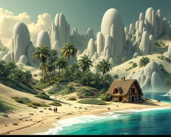 Tropical Landscape with Cottage and Beach View