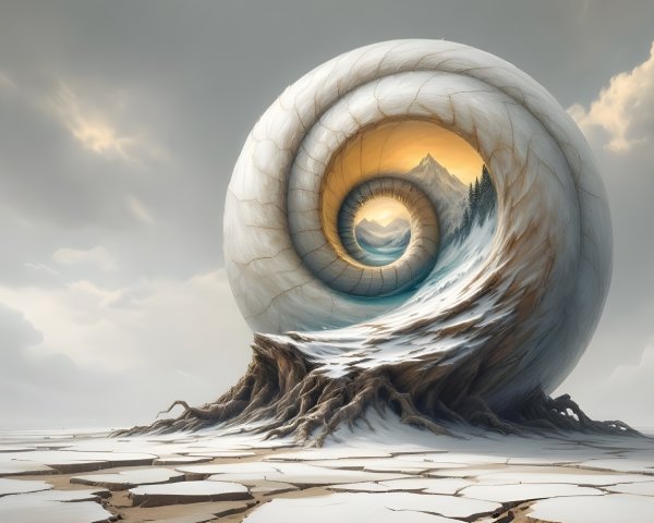 Surreal Landscape with Giant Spiraling Shell and Nature