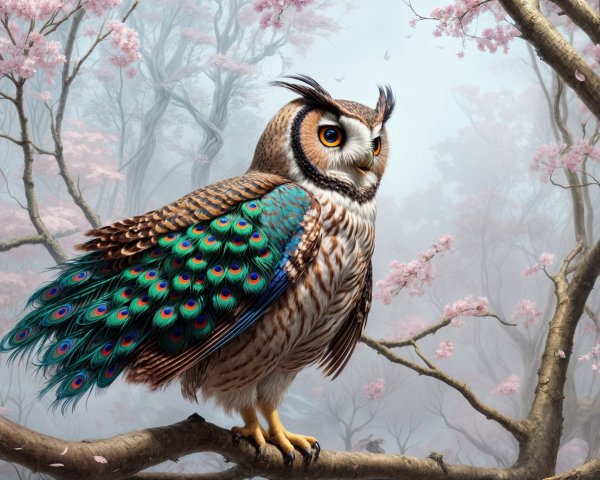 Majestic owl with vibrant feathers and cherry blossoms
