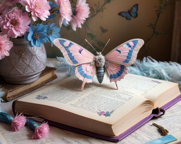 Open Book with Butterfly and Vibrant Flowers Arrangement