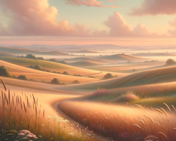 Serene Landscape of Rolling Hills at Sunrise