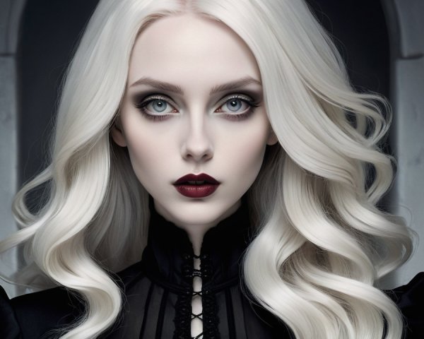 Striking figure with platinum hair in gothic setting