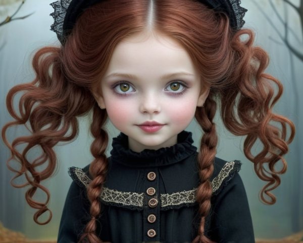 Whimsical Doll in Victorian Outfit in Foggy Forest