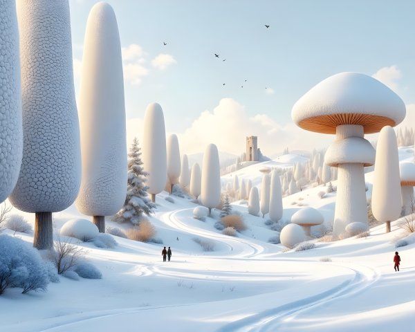 Whimsical Winter Landscape with Snowy Trees and Tower