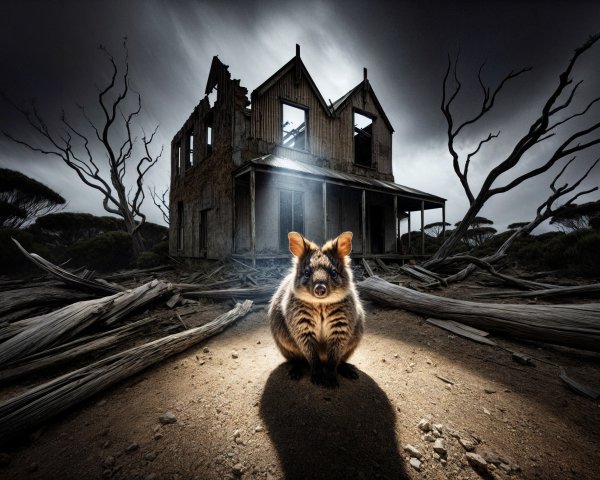 Abandoned House and Striped Pig in Stormy Landscape