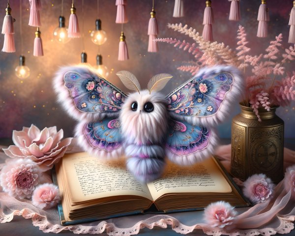 Fluffy Moth on Book Surrounded by Flowers and Lights