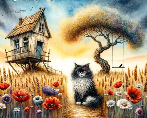 Whimsical House in Wheat Field with Cat and Flowers