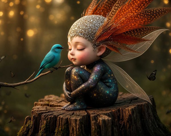 Ultra-Realistic Painting of a Tiny Fairy on Stump