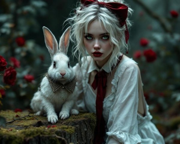 Woman in White Dress with Rabbit in Dreamy Forest