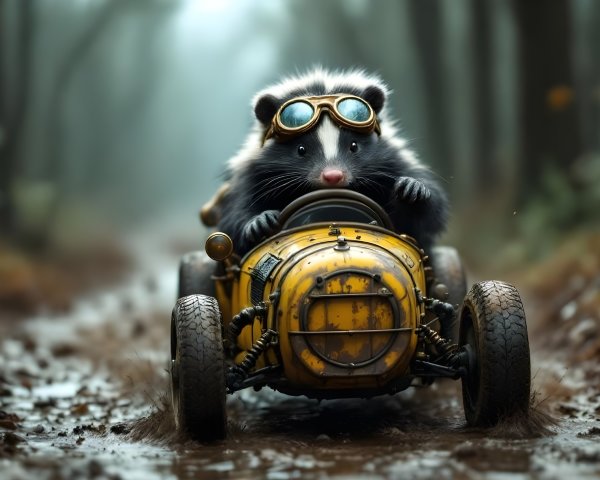 Opossum in Aviator Goggles Driving Vintage Yellow Car