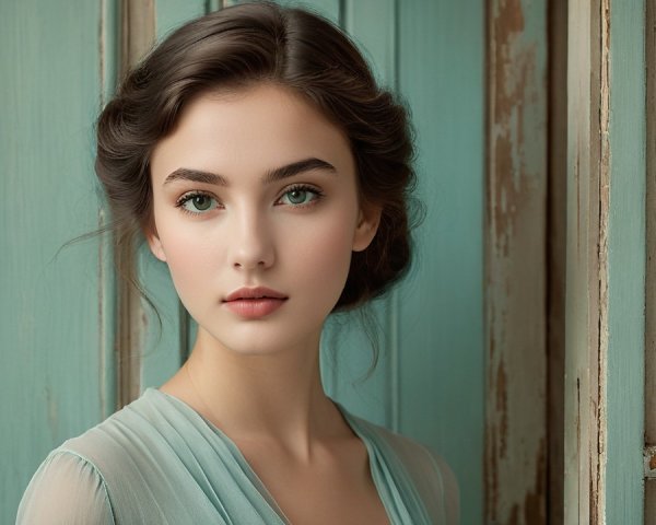Portrait of a Young Woman with Green Eyes and Vintage Backdrop