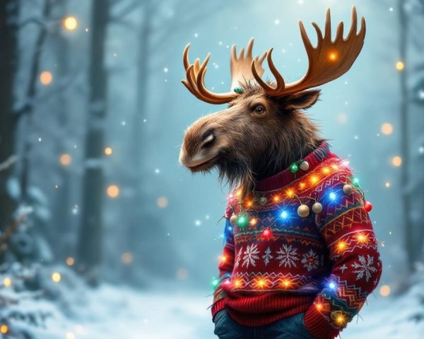 Moose in Colorful Christmas Sweater in Snowy Forest