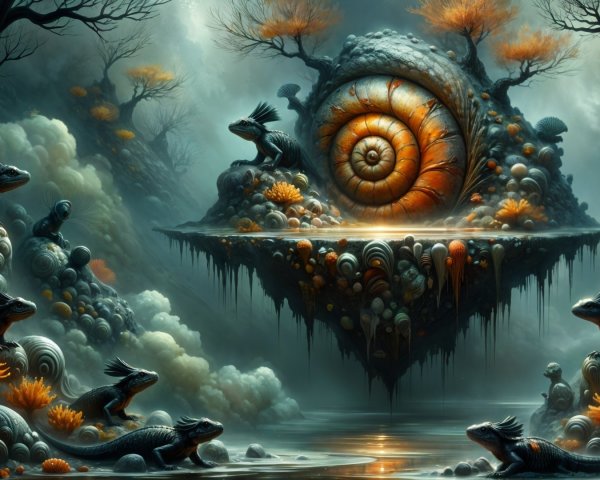 Surreal Landscape with Giant Spiral Shell and Lush Vegetation
