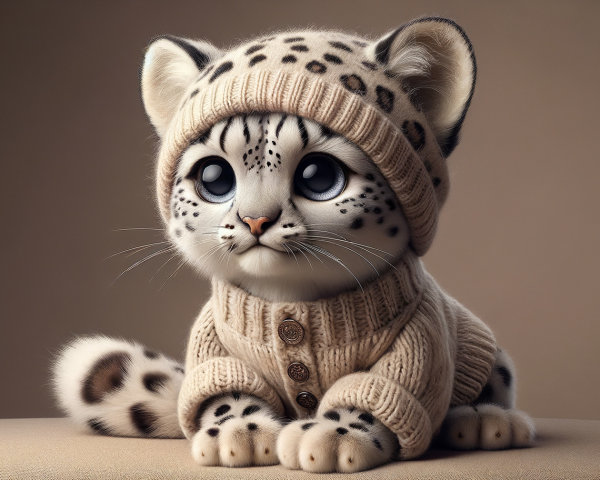 Cartoon Snow Leopard Kitten in Cozy Sweater and Beanie