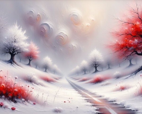 Winter Landscape with Snowy Path and Red Foliage