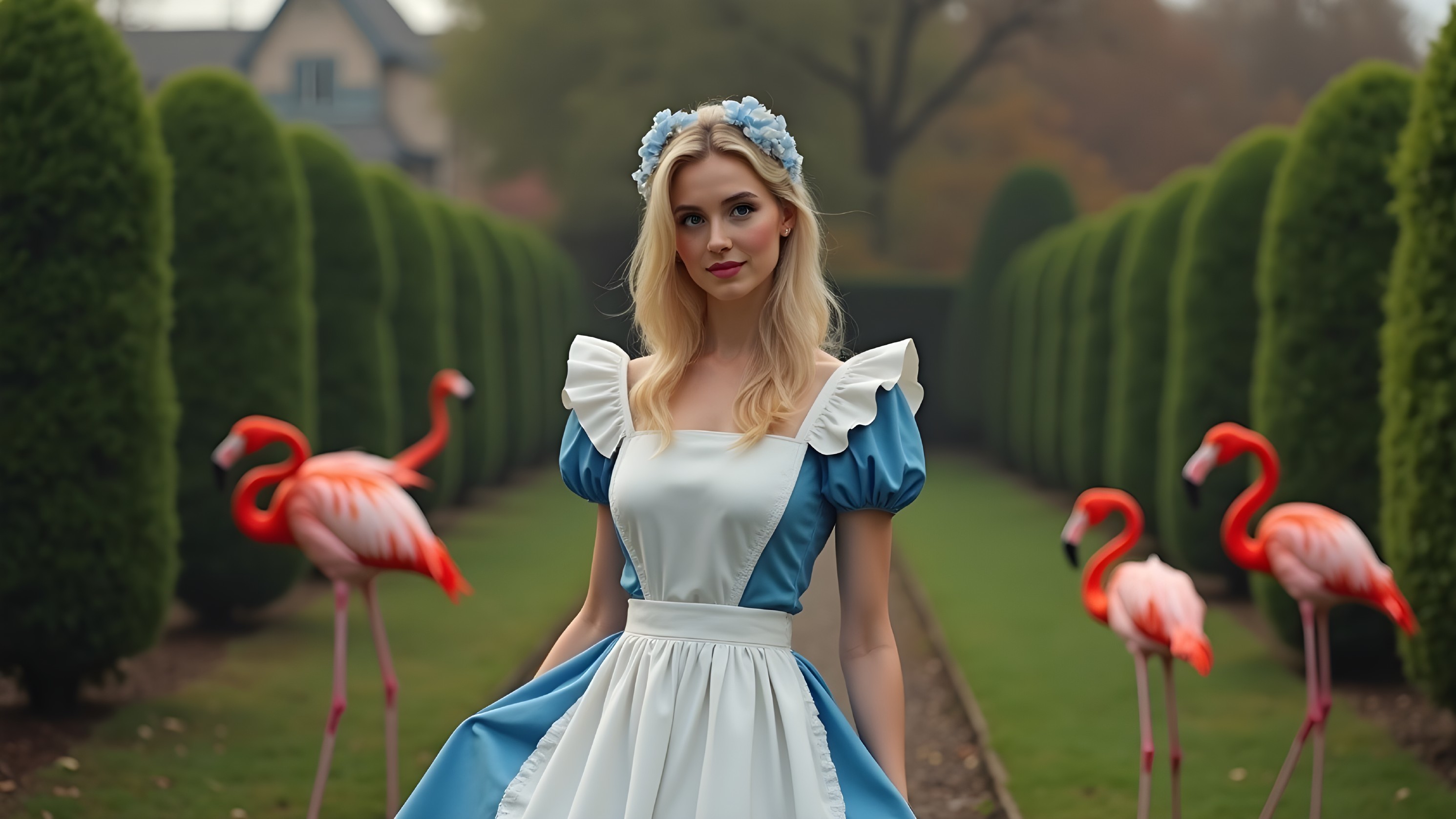 Young Woman in Storybook Dress in Lush Garden