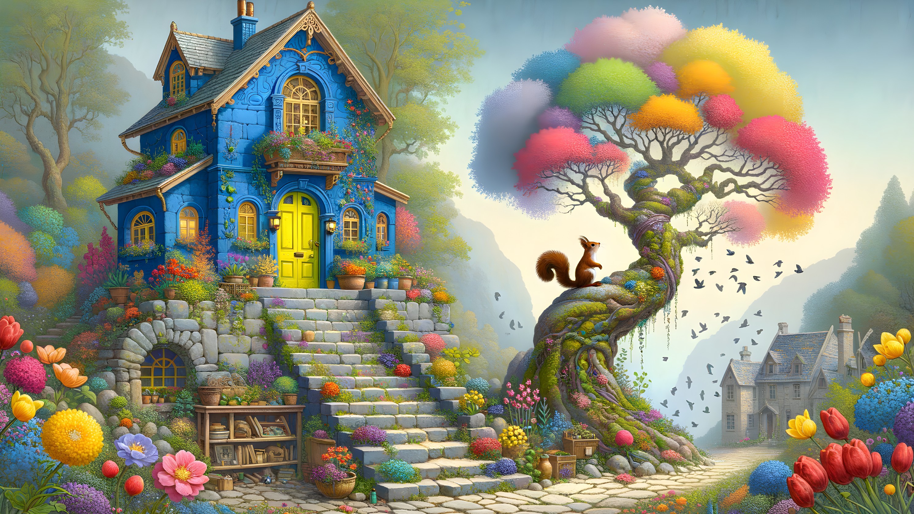 Whimsical Blue Cottage Surrounded by Colorful Flowers