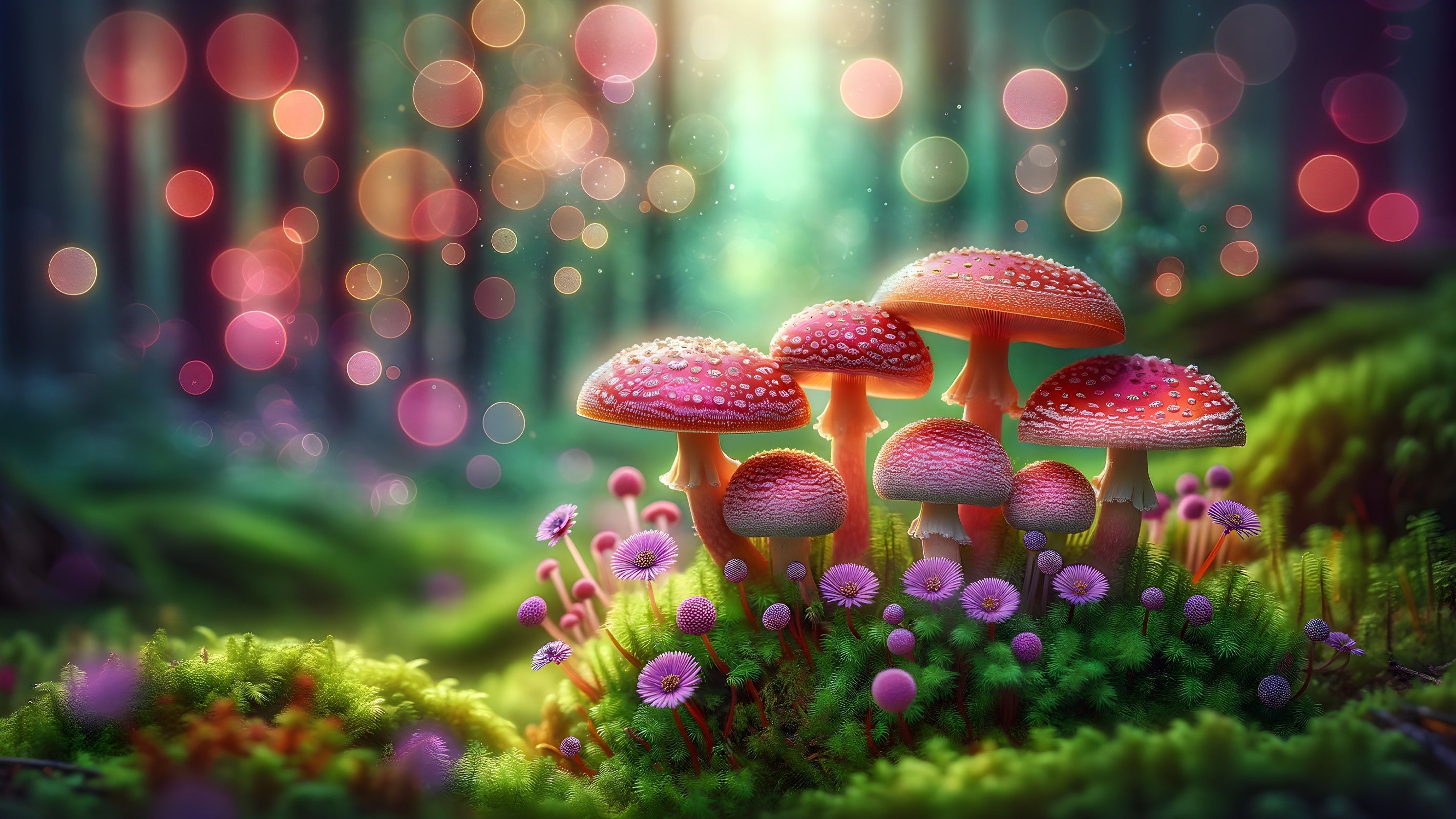 Whimsical Forest Scene with Red Mushrooms and Flowers