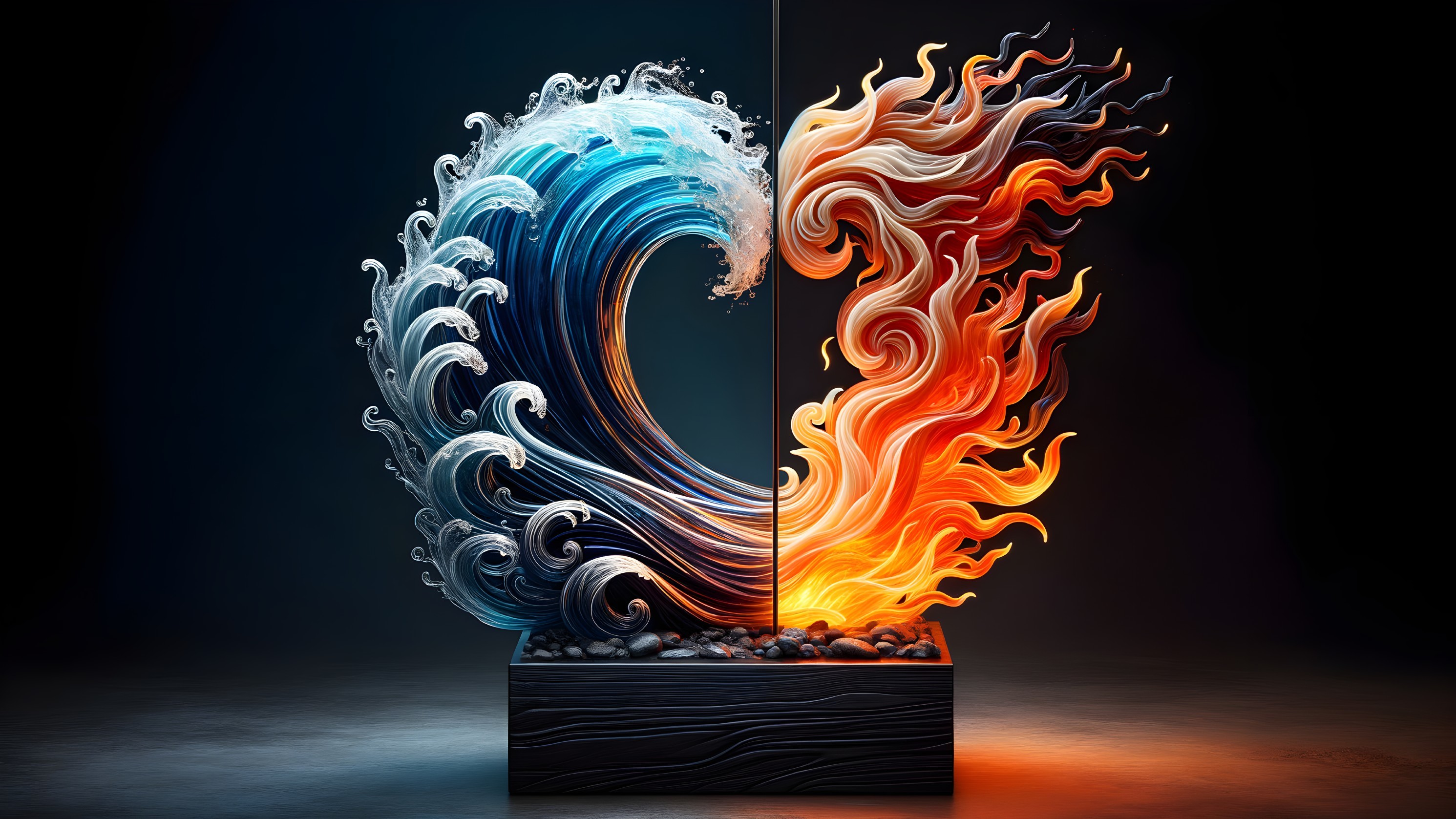 Contrasting Elements of Water and Flames in Dark Setting